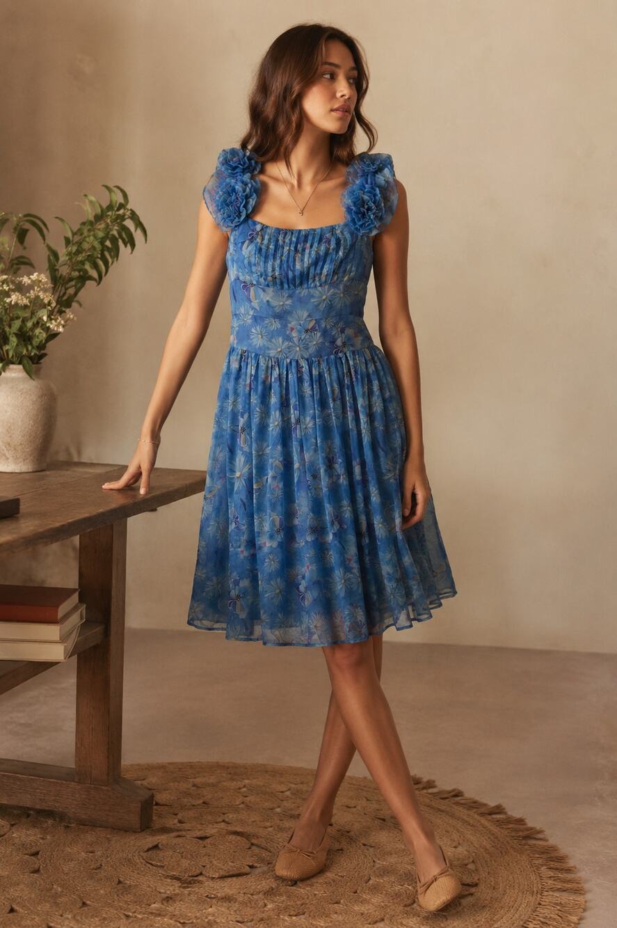 Blue Floral Chiffon Midi Dress Cottagecore Coquette Fairycore Romantic Boho